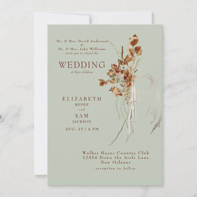 Wispy Botanical Sage Both Parents Wedding Invitation (Front)