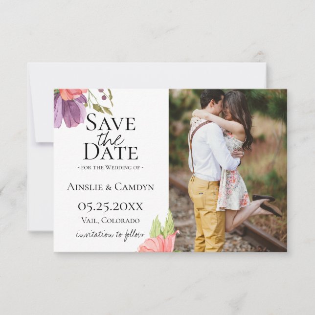 Wispy Floral Photo Save The Date Announcement (Front)