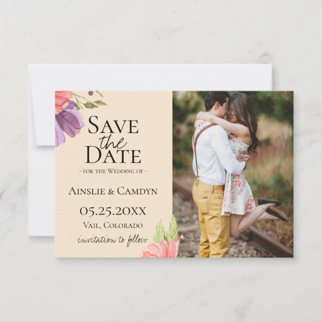 Wispy Floral Photo Save The Date Announcement (Front)