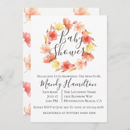 Wispy Floral Wreath Baby Shower Invitation