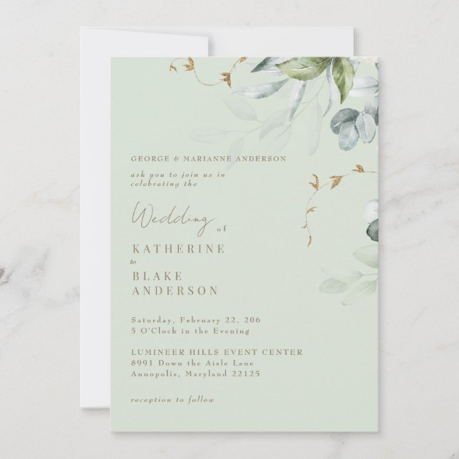 Wispy Foliage Light Sage Bride Parents Wedding  Invitation (Front)
