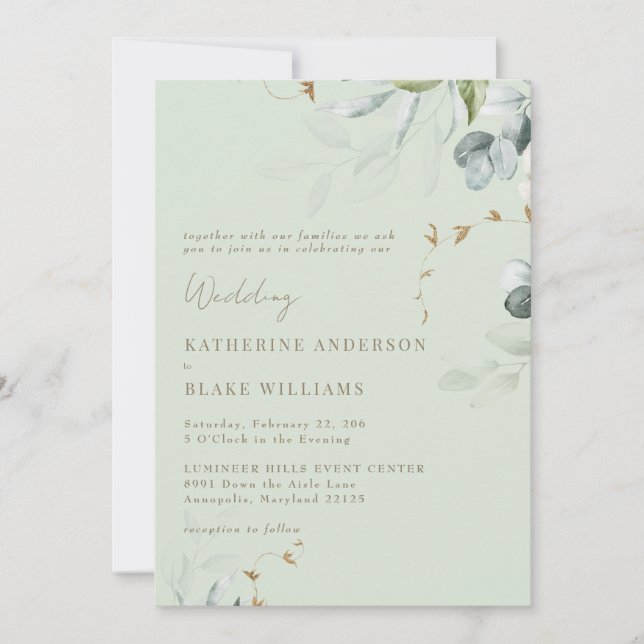 Wispy Foliage Light Sage Wedding Invitation III (Front)