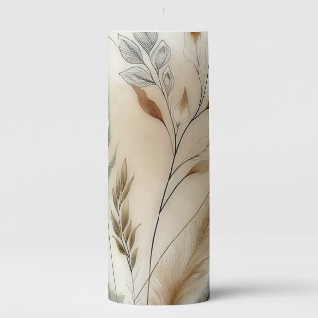 Wispy Greenery Modern Botanical Boho Wedding Pillar Candle (Front)