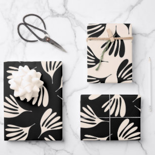 Wispy Leaves Chic Contemporary Black Cream Pattern Wrapping Paper Sheets