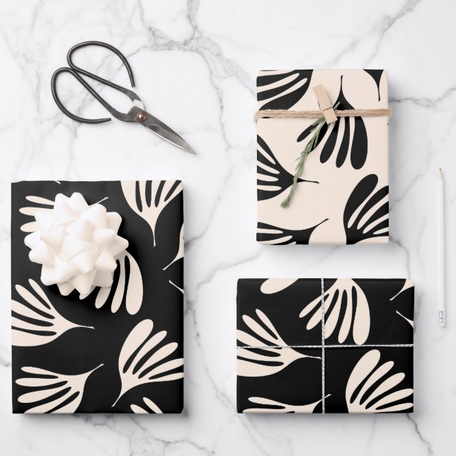 Wispy Leaves Chic Contemporary Black Cream Pattern Wrapping Paper Sheets (Front)