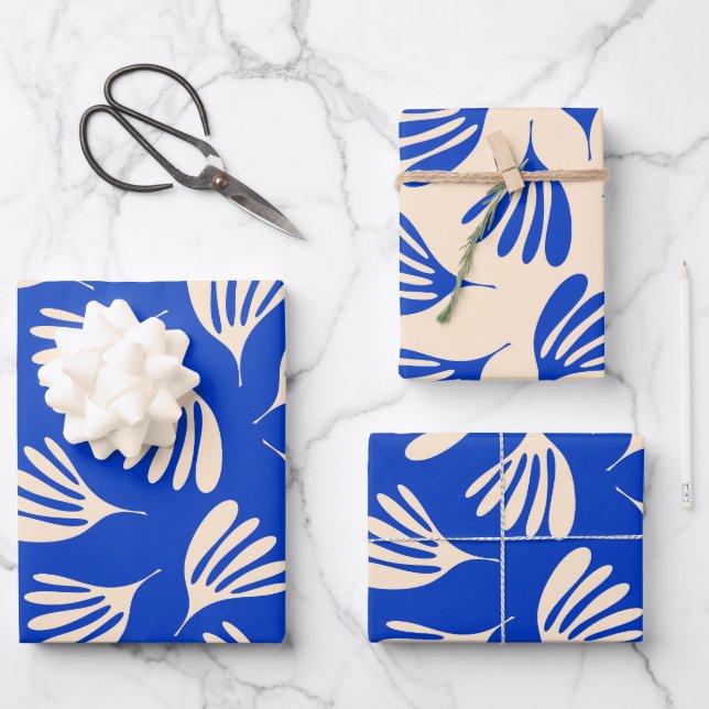 Wispy Leaves Contemporary Bright Blue Pattern Wrapping Paper Sheets (Front)