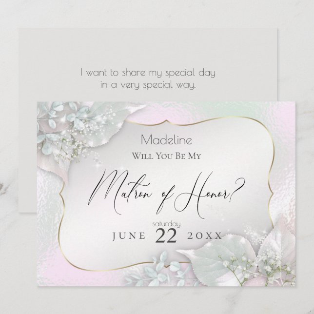 Wispy Pink Shimmer Will You Be My Matron of Honor Invitation (Front/Back)