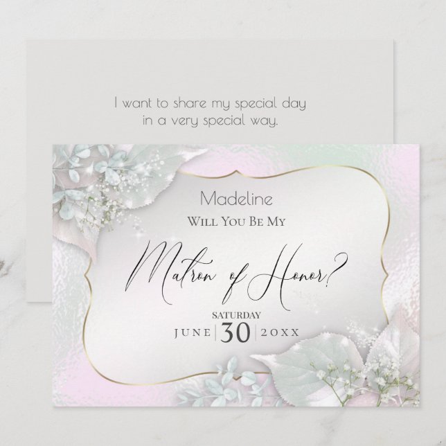 Wispy Pink Shimmer Will You Be My Matron of Honor Invitation (Front/Back)