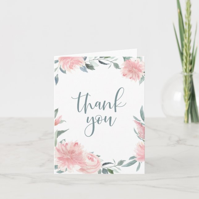 Wispy Pink Watercolor Floral Thank You Card (Front)