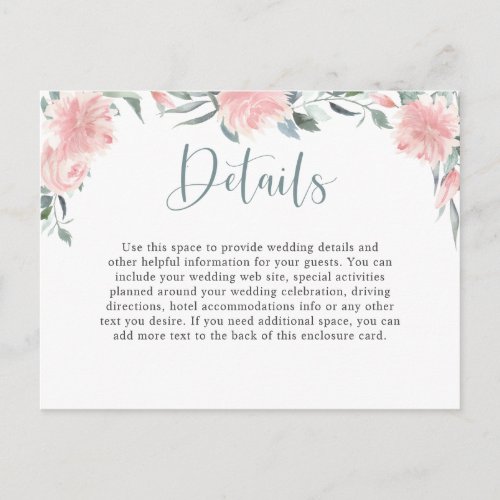 Wispy Pink Watercolor Floral Wedding Details Postcard