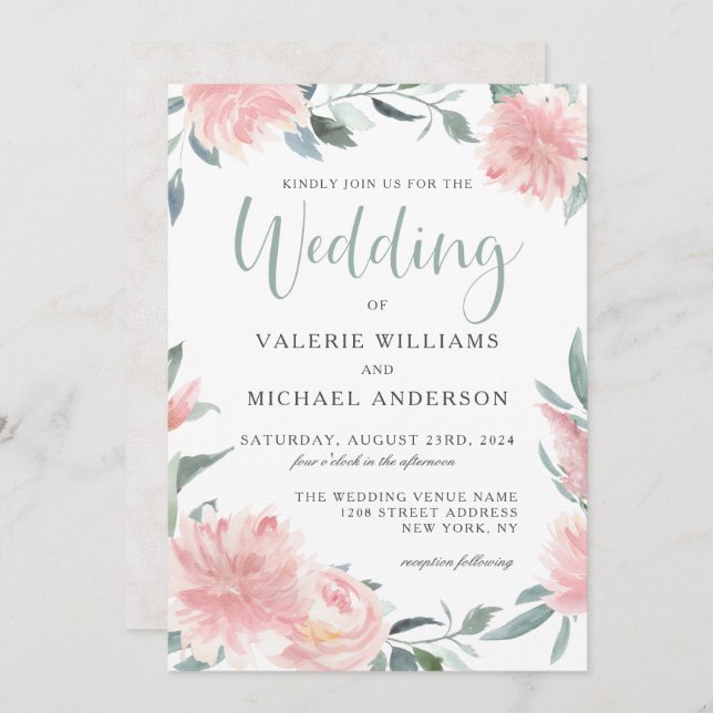 Wispy Pink Watercolor Floral Wedding Invitation (Front/Back)