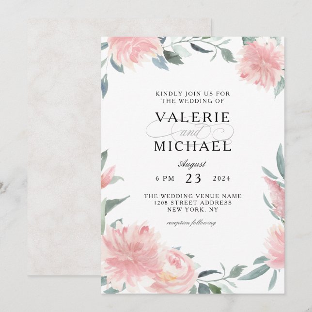 Wispy Pink Watercolor Floral Wedding Invitation (Front/Back)