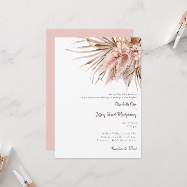 Wispy Pink Watercolor Pampas Wedding Invitation (Front/Back In Situ)