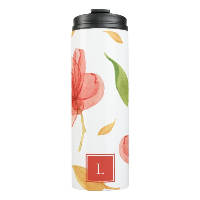 Wispy Red Floral Monogram Thermal Tumbler (Front)