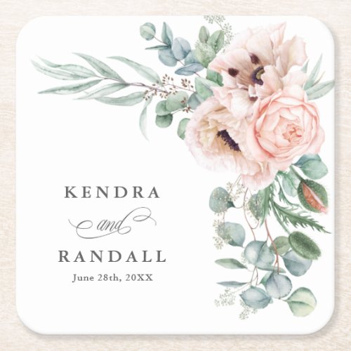 Wispy Romantic Watercolor Floral with Names Square Paper Coaster