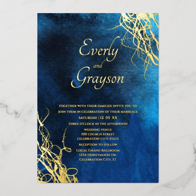Wispy Swirls Blue and Gold Wedding      Foil Invitation (Front)