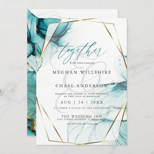  Wispy Teal Alcohol Ink Watercolor Wedding  Invitation