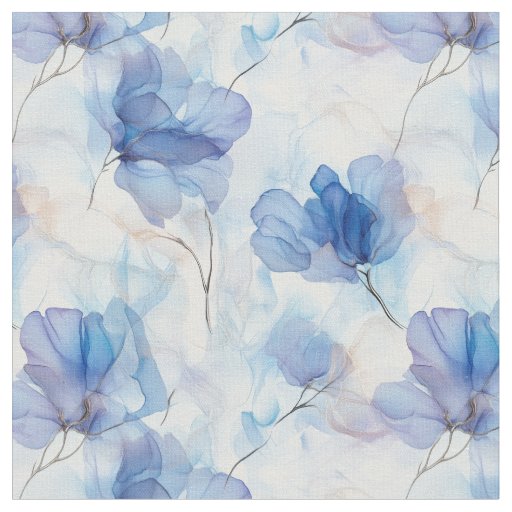 Wispy Translucent Blue Flowers Fabric