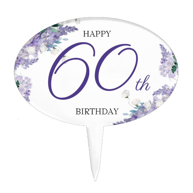Wisteria 60th Birthday Purple Classy Floral Custom Cake Topper (Front)