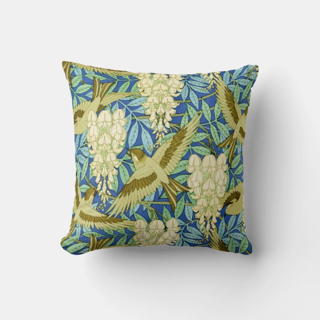 Wisteria and Birds Art Nouveau Floral Throw Pillow (Front)