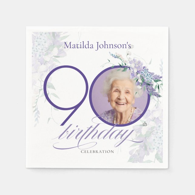 Wisteria Custom Photo Floral Purple 90th Birthday Napkins (Front)