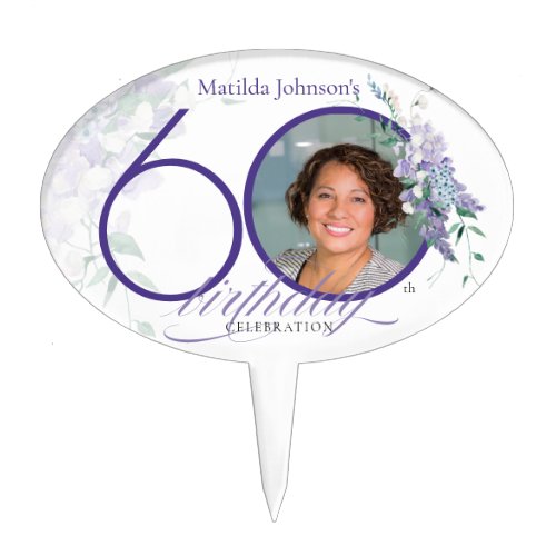 Wisteria Custom Photo Purple Floral 60th Birthday Cake Topper