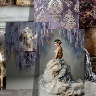 Wisteria Dove Lavender Birdcage Ballgown Damask Wrapping Paper Sheets