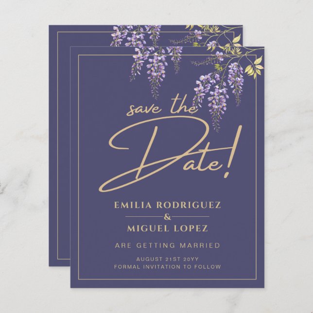 Wisteria Dusty Purple Gold Wedding Save the Date (Front/Back)