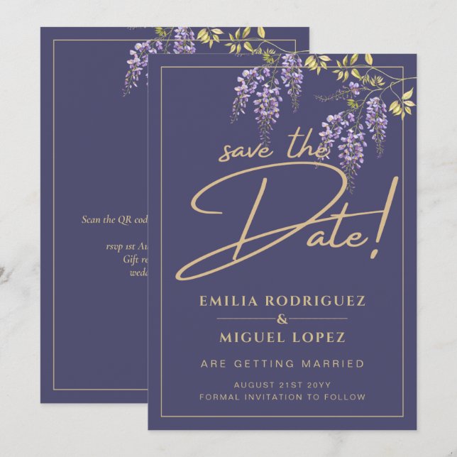 Wisteria Dusty Purple Gold Wedding Save the Date Invitation (Front/Back)