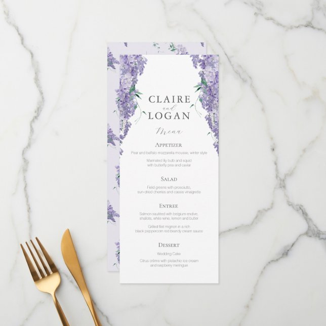 Wisteria Dusty Purple Watercolor Wedding Menu (Front/Back In Situ)