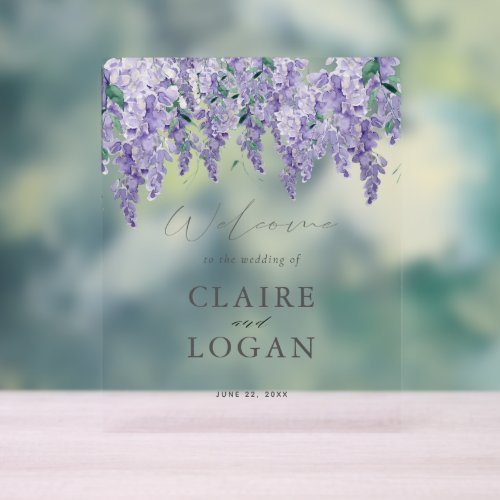 Wisteria Dusty Purple Watercolor Wedding Welcome Acrylic Sign