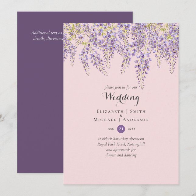 Wisteria Floral Garden Lavender Wedding Dusty Pink Invitation (Front/Back)