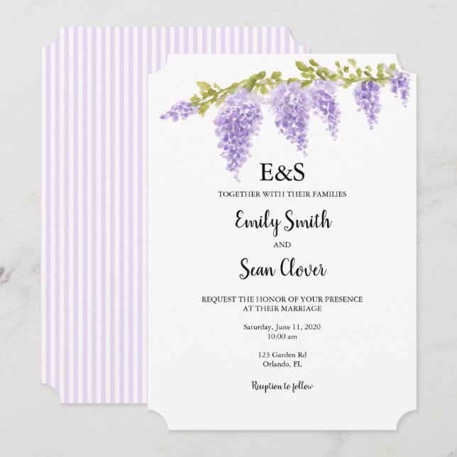 Wisteria Flower Wedding Monogram Purple Stripe Invitation (Front/Back)