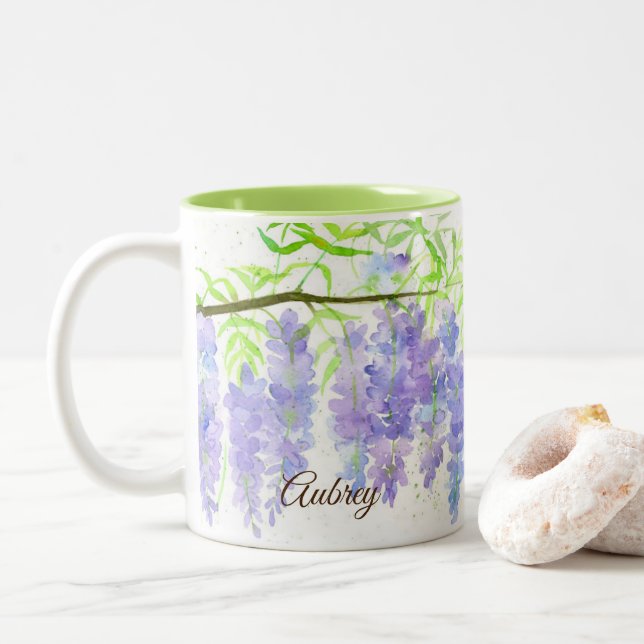 Wisteria Flowers Personalized Bridesmaid Gift Two-Tone Coffee Mug (With Donut)