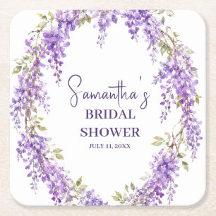 Wisteria flowers Purple Watercolor Bridal Shower Square Paper Coaster