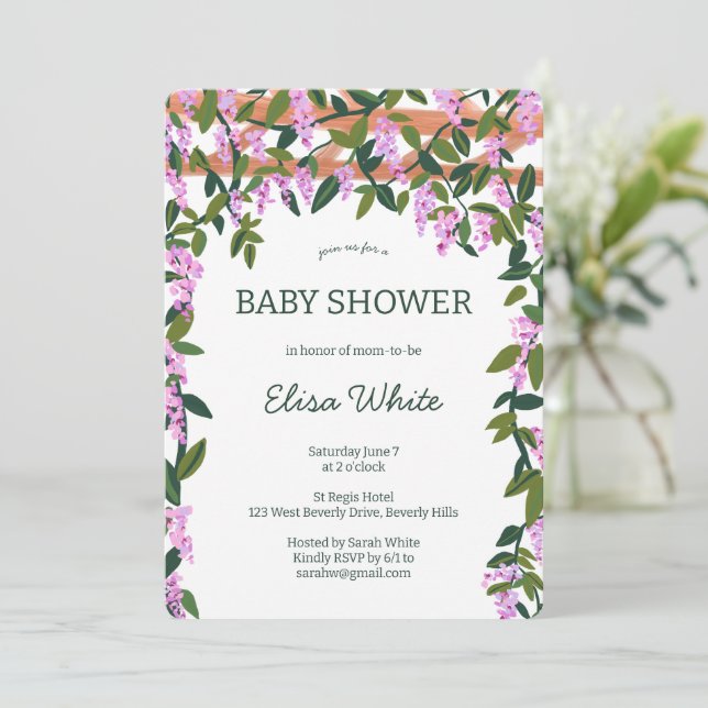 Wisteria Flowers Vines CUSTOM QR Code Baby Shower Invitation (Standing Front)