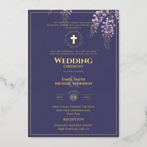 Wisteria Gold Catholic Wedding Elegant Purple Foil Invitation