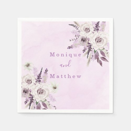 Wisteria Lavender White Rose Chic Roses Wedding Napkins