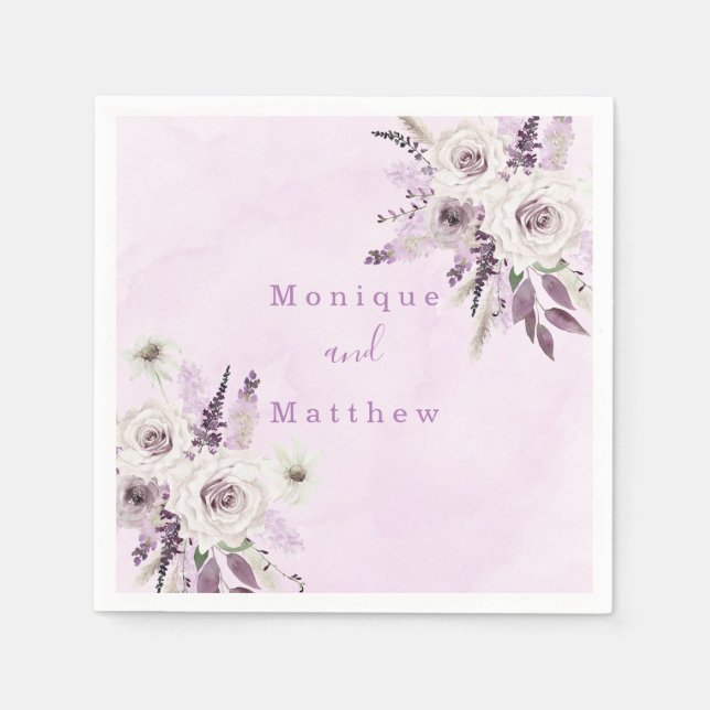 Wisteria Lavender White Rose Chic Roses Wedding Napkins (Front)