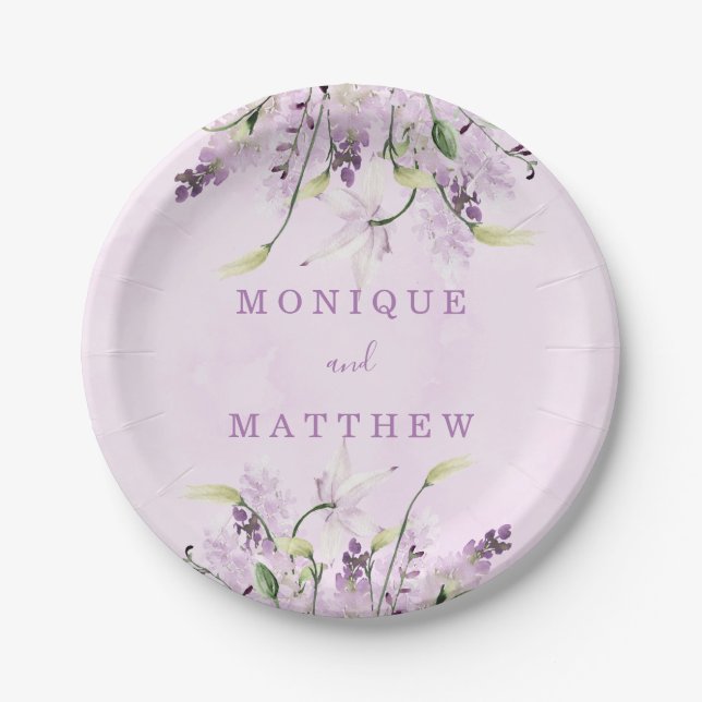 Wisteria Lavender White Rose Chic Wedding  Paper Plates (Front)