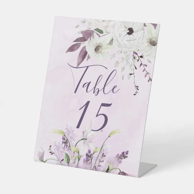 Wisteria Lavender White Roses Table Number Pedestal Sign (Front)