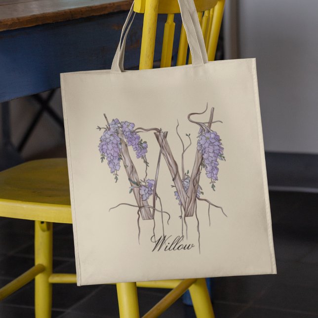 Wisteria Letter 'W' Floral Monogram Custom Name Tote Bag (Creator Uploaded)