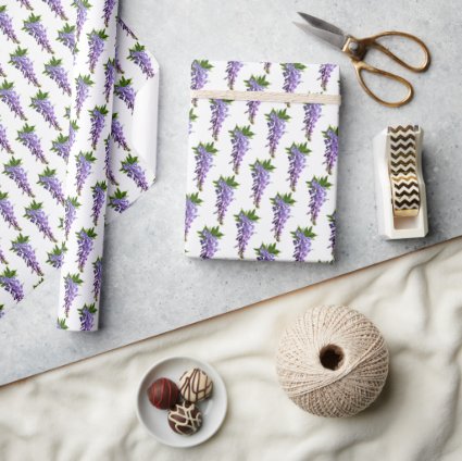 Wisteria Patterns Purple Green White Background Wr Wrapping Paper