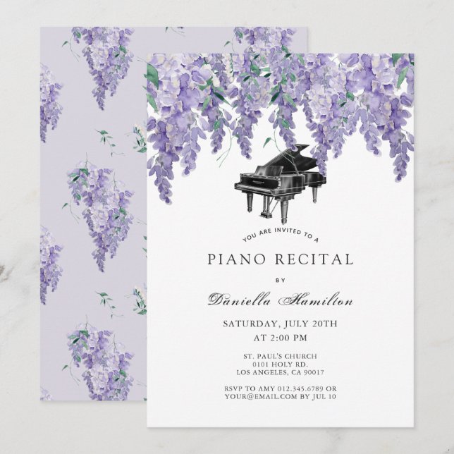 Wisteria Piano White Recital Invitation (Front/Back)