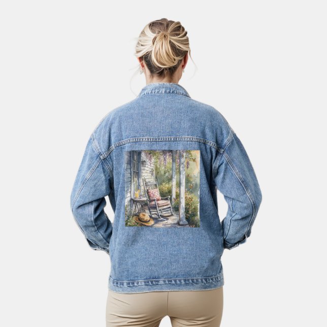 Wisteria Porch Rocking Chair Scene Denim Jacket (Model)