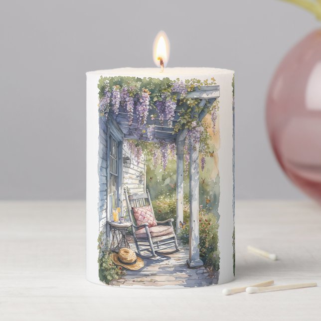 Wisteria Porch Rocking Chair Scene Pillar Candle (In Situ)