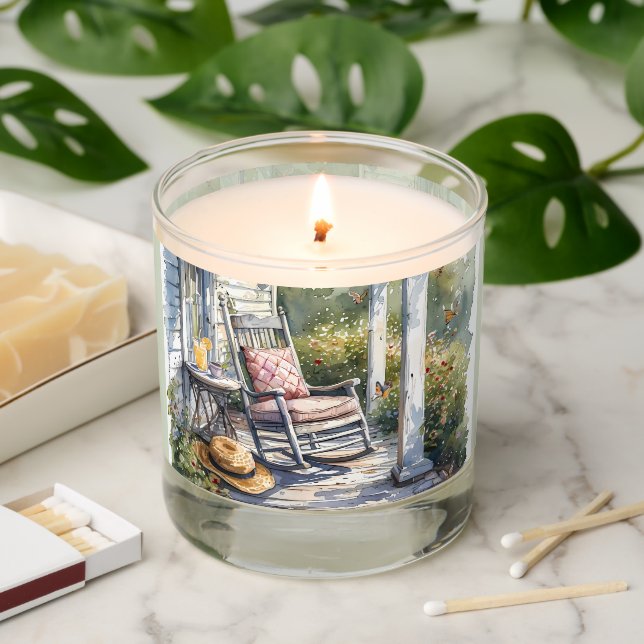 Wisteria Porch Rocking Chair Scene Scented Candle (Lit)