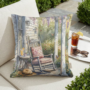 Wisteria Porch Rocking Chair Scene Throw Pillow