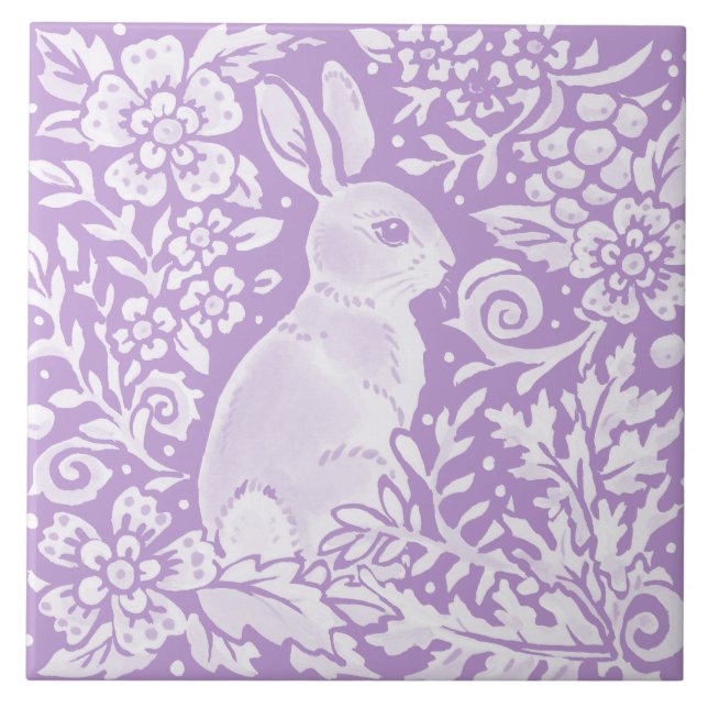 Wisteria Purple Bunny Rabbit Woodland Floral Ceramic Tile (Front)