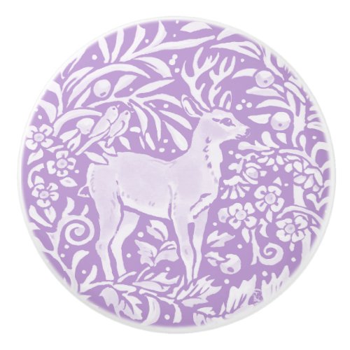 Wisteria Purple Deer Bird Floral Forest Woodland Ceramic Knob